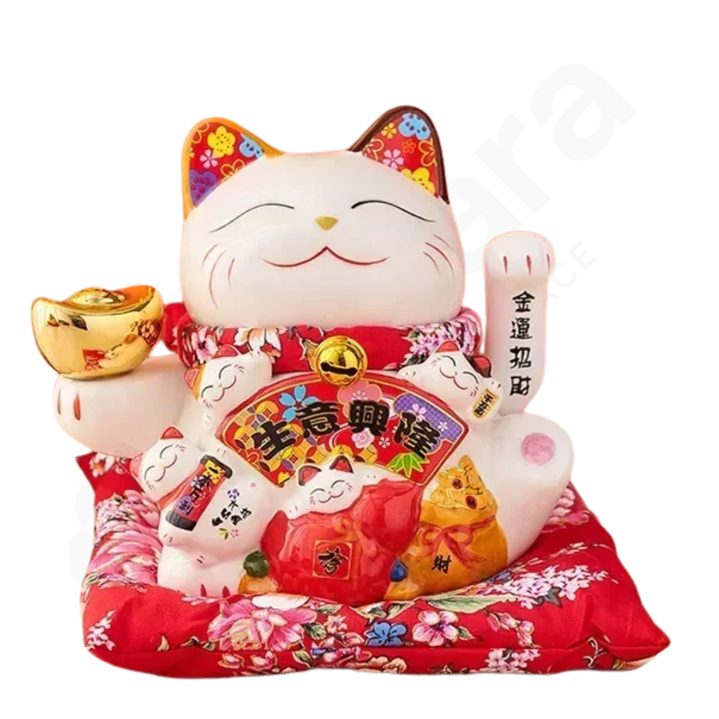 Decorative maneki-neko cat with floral patterns and a gold coin on a white background