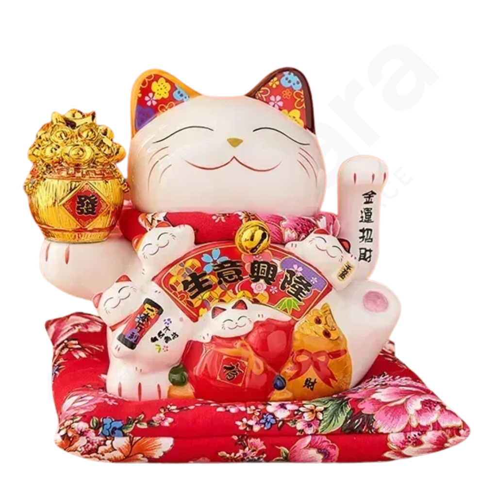 Decorative maneki-neko cat figurine with a gold pot on a white background