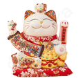 Decorative maneki-neko cat figurine with colorful details on a white background