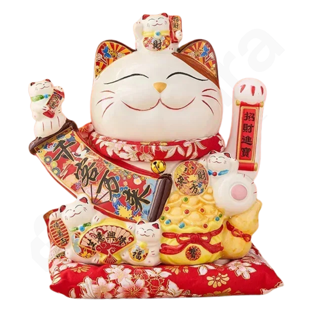 Decorative maneki-neko cat figurine with colorful details on a white background