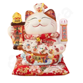 Decorative cat figurine with traditional elements on a white background