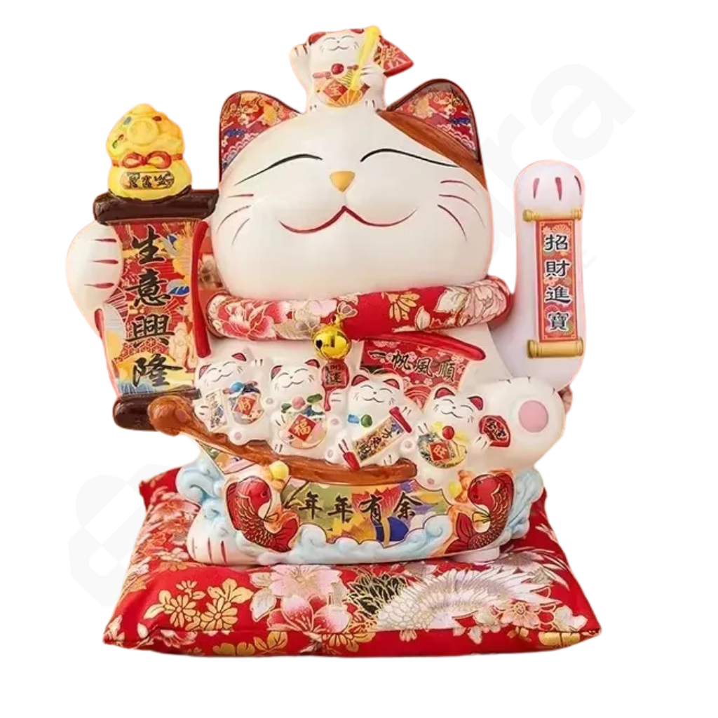 Decorative cat figurine with traditional elements on a white background