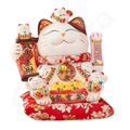 Decorative cat figurine with red base on a white background