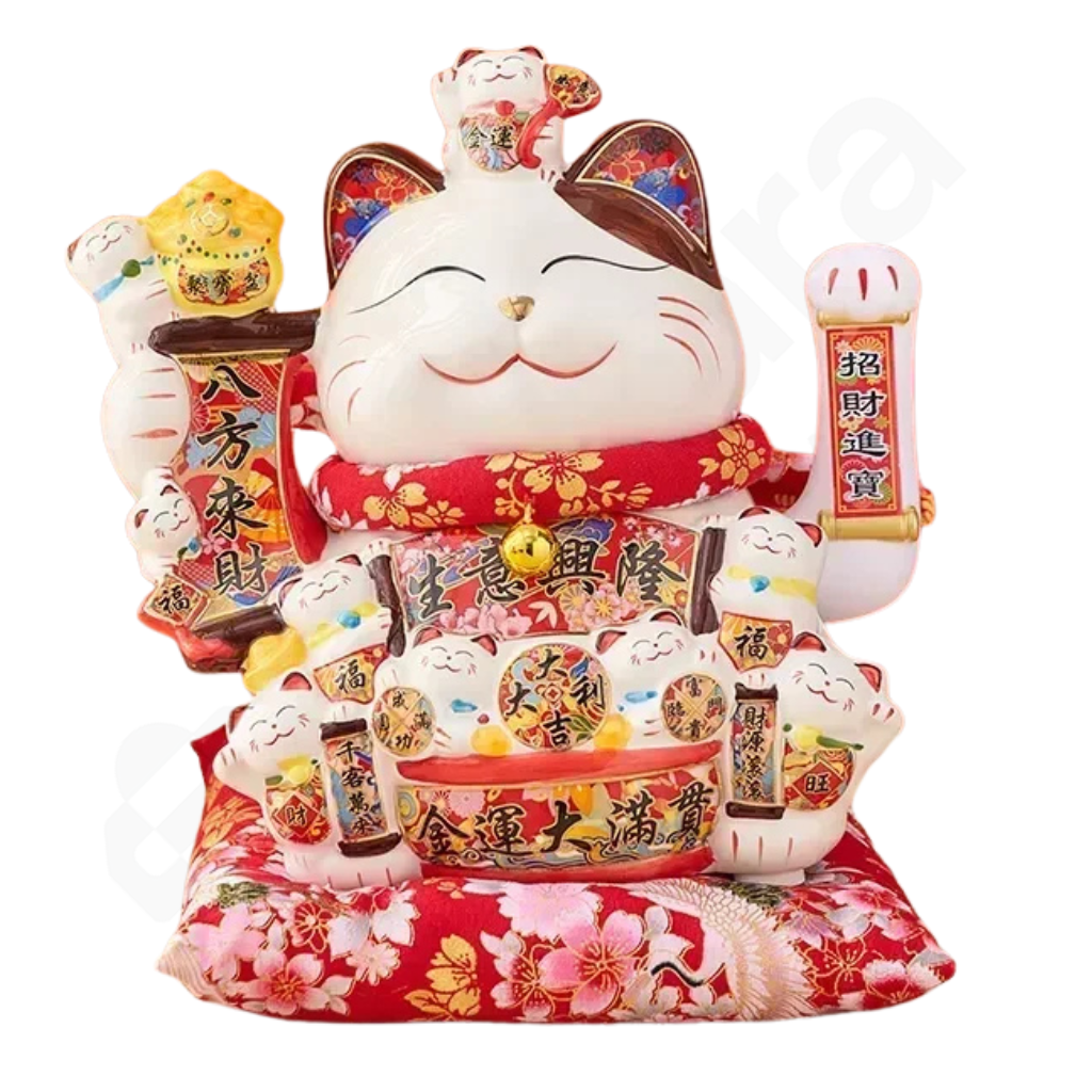 Decorative cat figurine with traditional elements on a white background