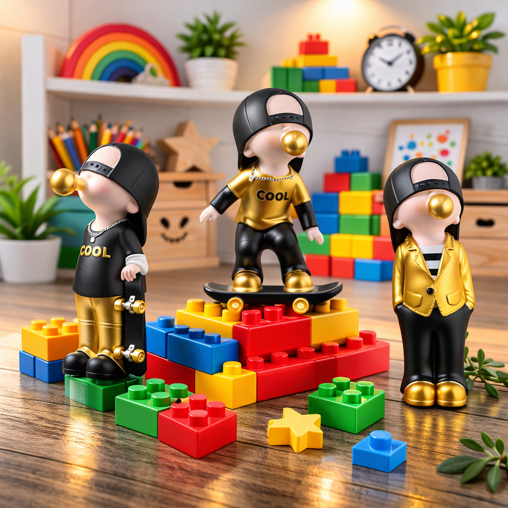 Three toy figures in gold and black outfits with 'COOL' text, standing on colorful building blocks on a wooden floor.