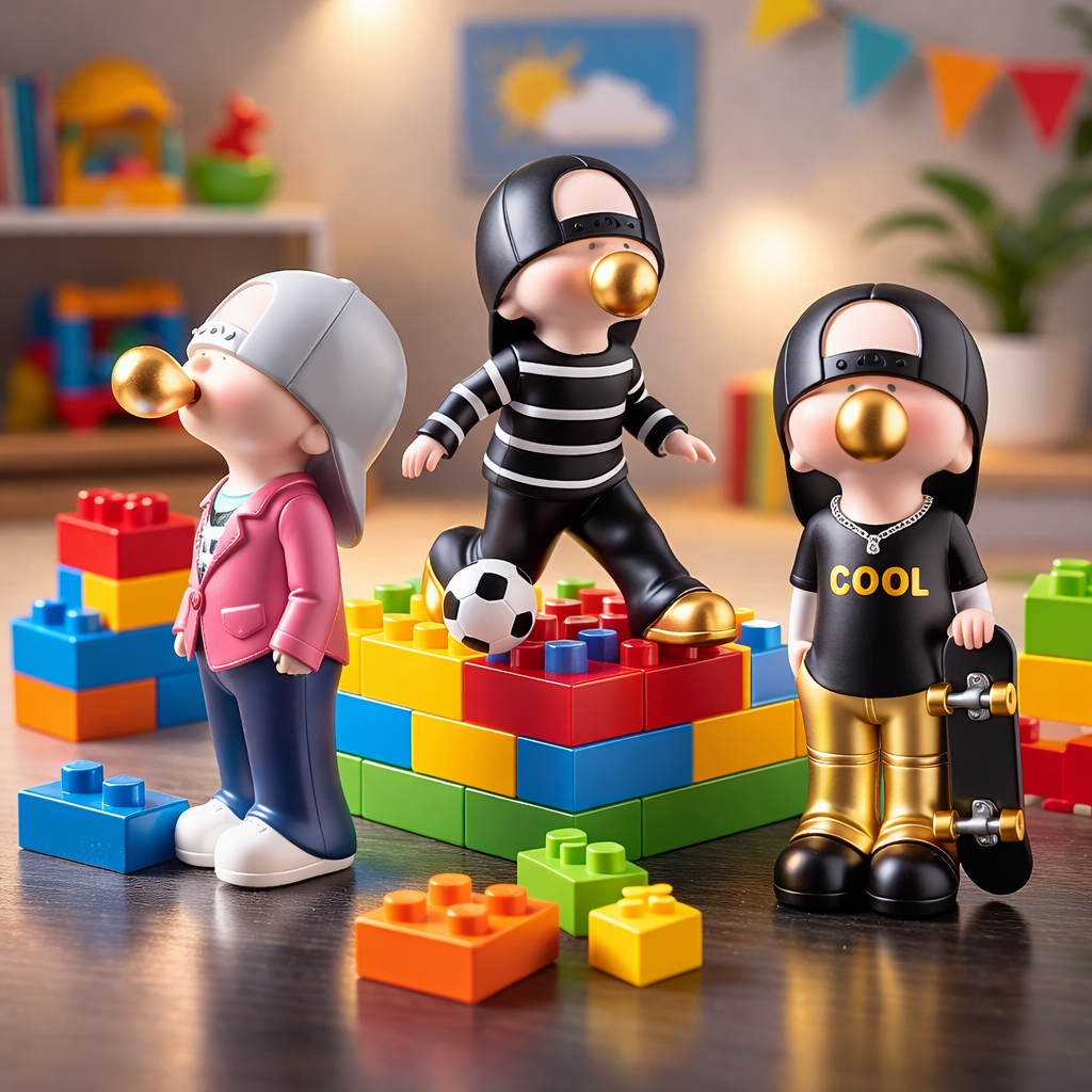 Toy figures with colorful building blocks in a playful indoor setting