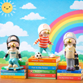 Three animated characters on books with a colorful background featuring a rainbow and sun.
