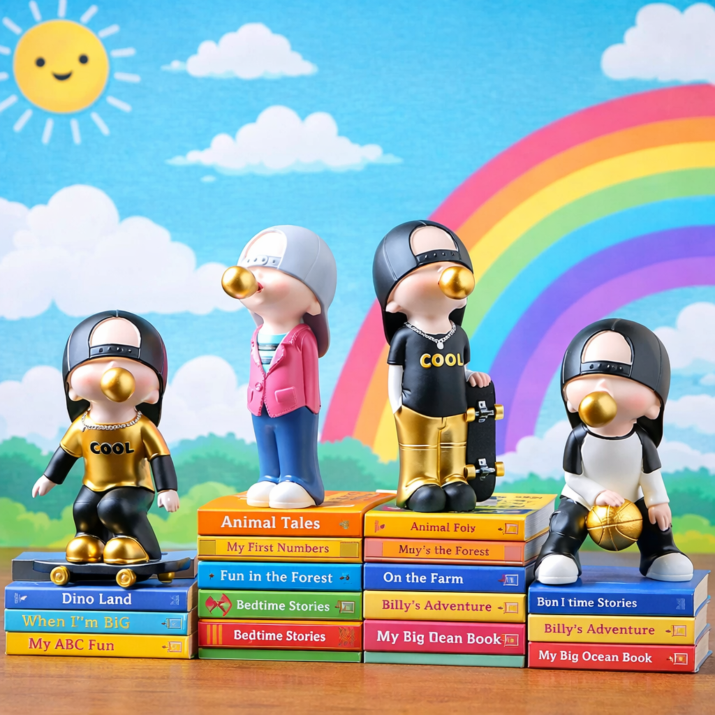 Four animated character figurines standing on books with a colorful background featuring a sun, rainbow, and clouds.