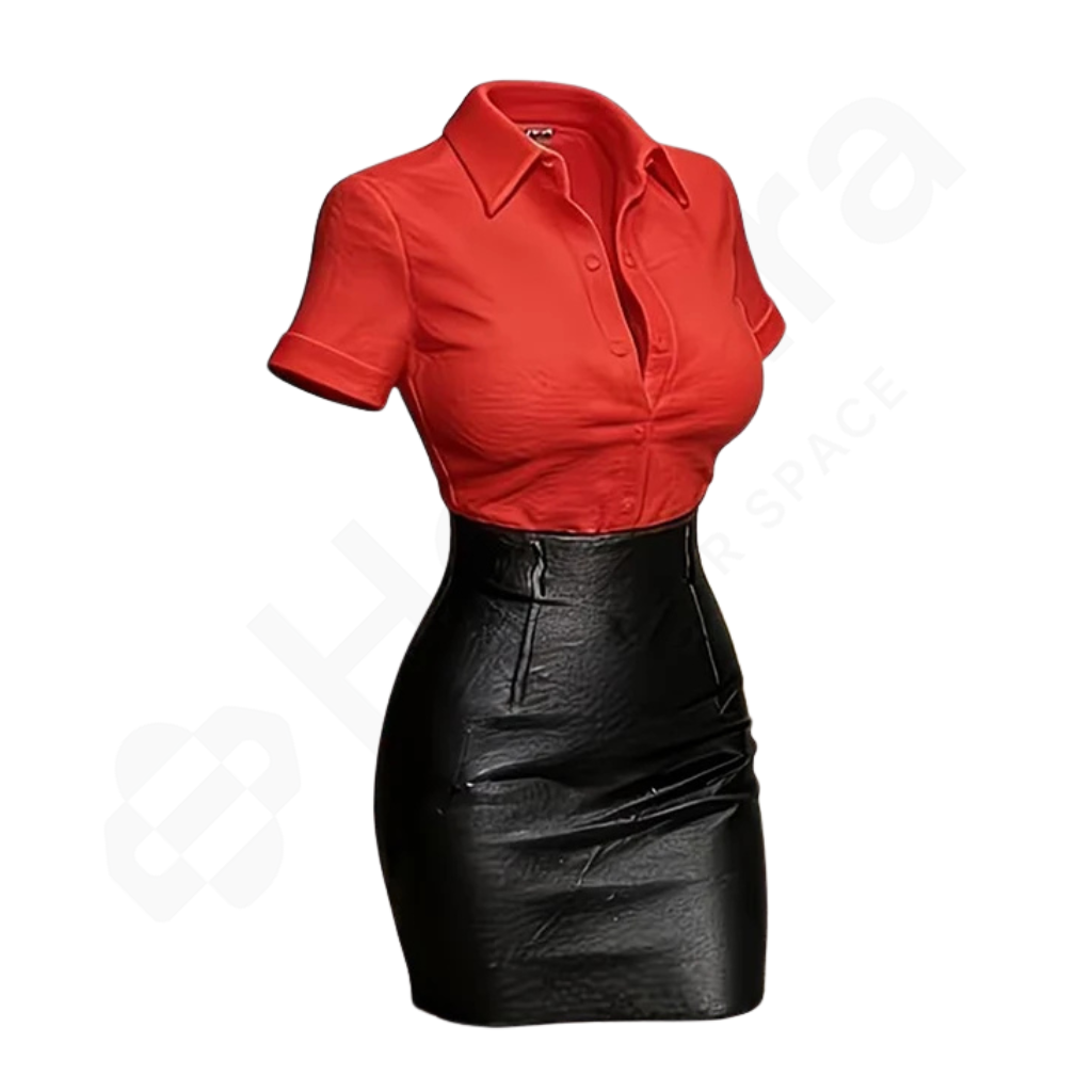 Red blouse and black leather skirt on a white background