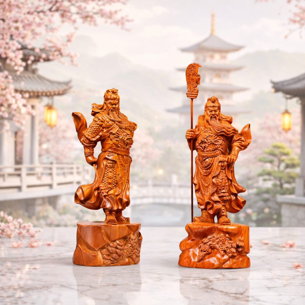 Two warrior statues on a blurred traditional Japanese garden background