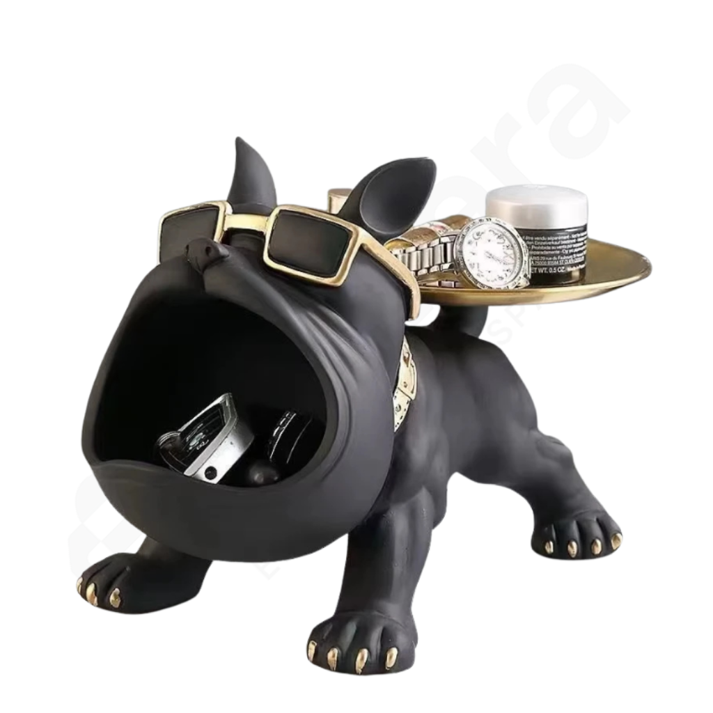 Black dog-shaped holder with a tray on a white background