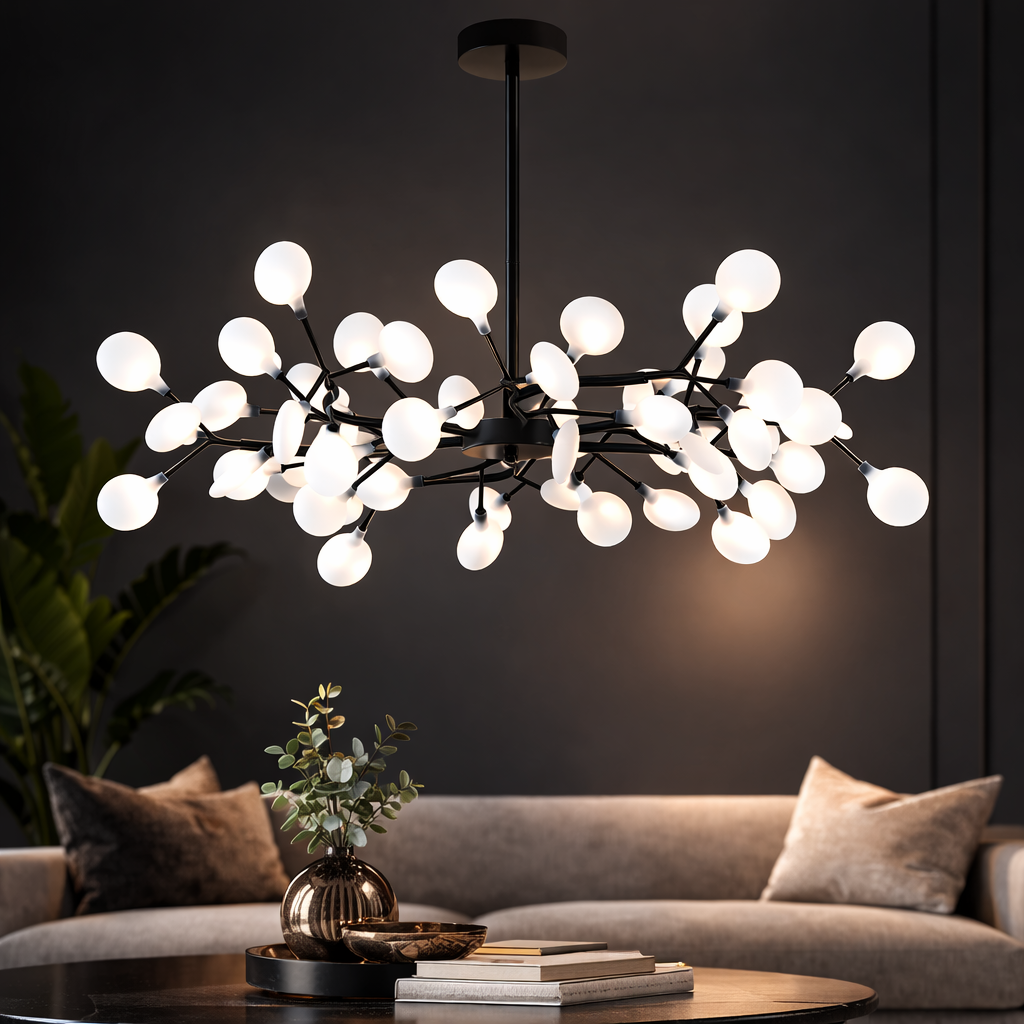 Modern chandelier in a living room setting with a dark wall and sofa.