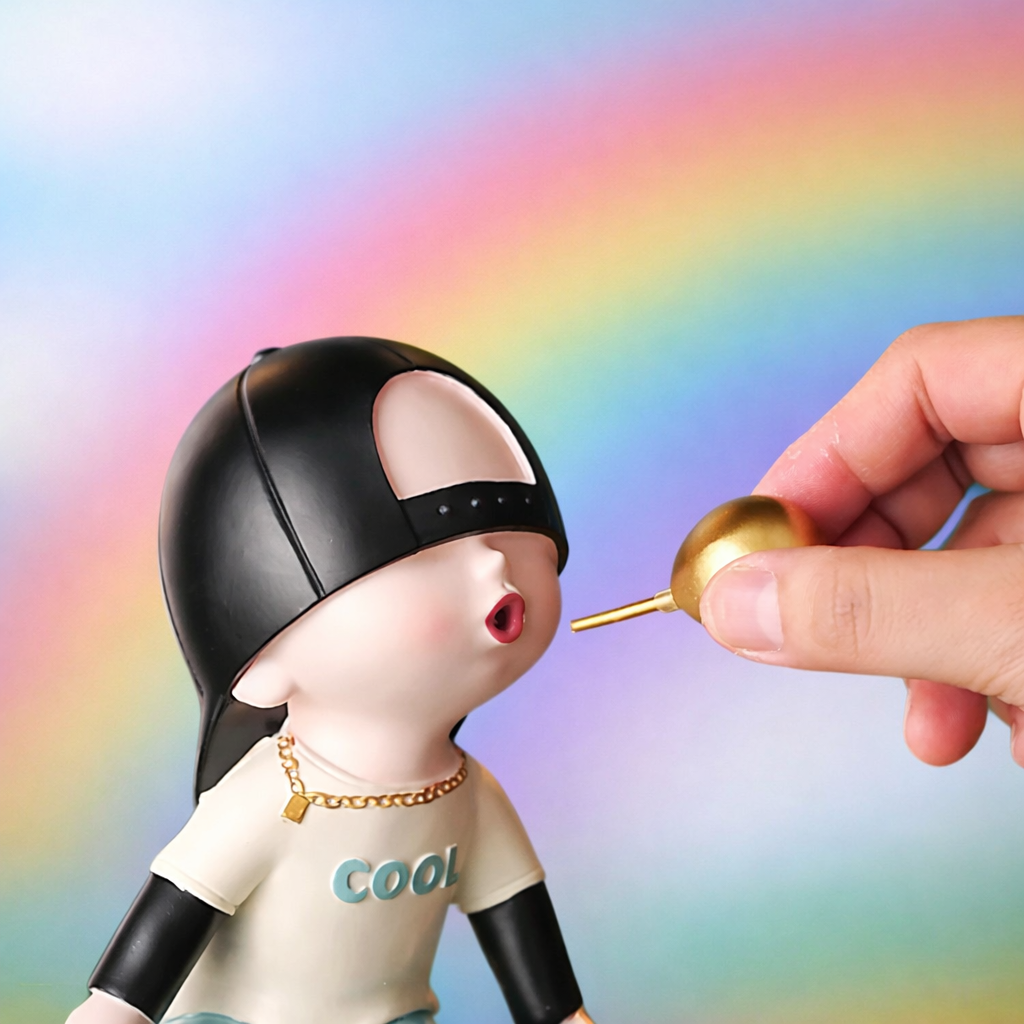 Toy figure with a black helmet and 'COOL' shirt being fed a gold candy by a hand against a rainbow background.