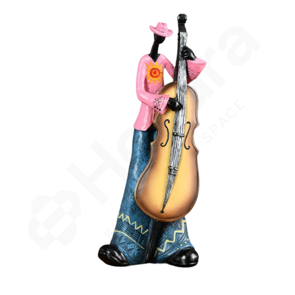 Highly coloured cello player on a white background