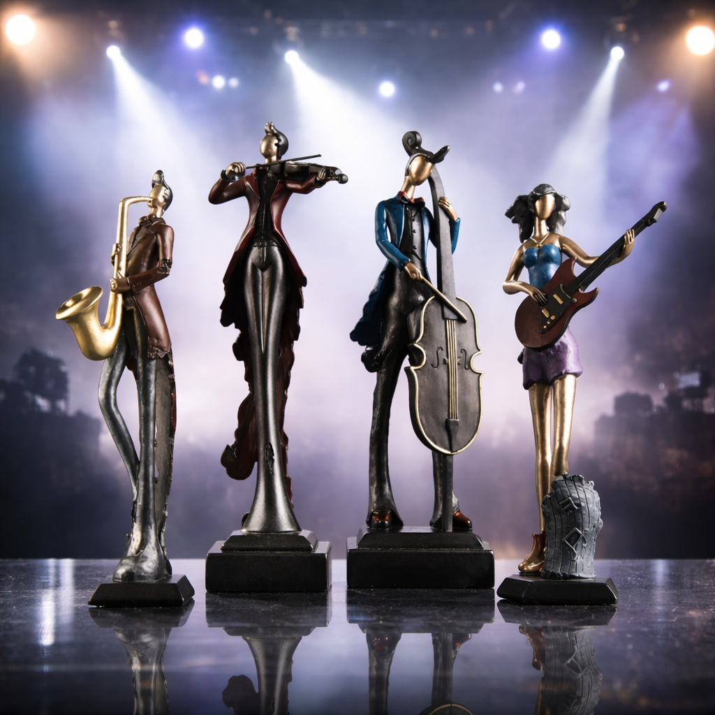 Four musical instrument-themed figurines on a reflective surface with a stage-like background.