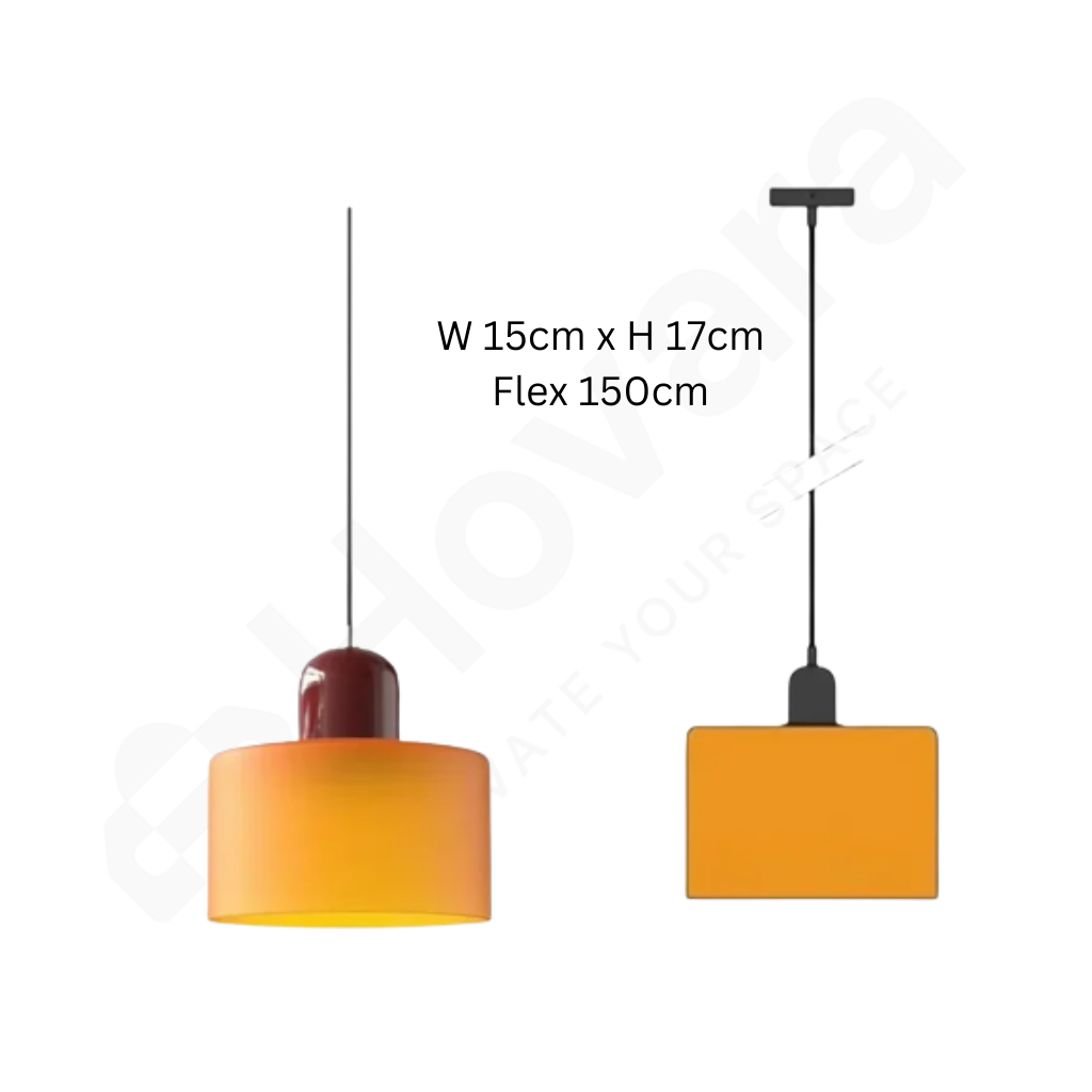 Two pendant lights with dimensions displayed on a white background
