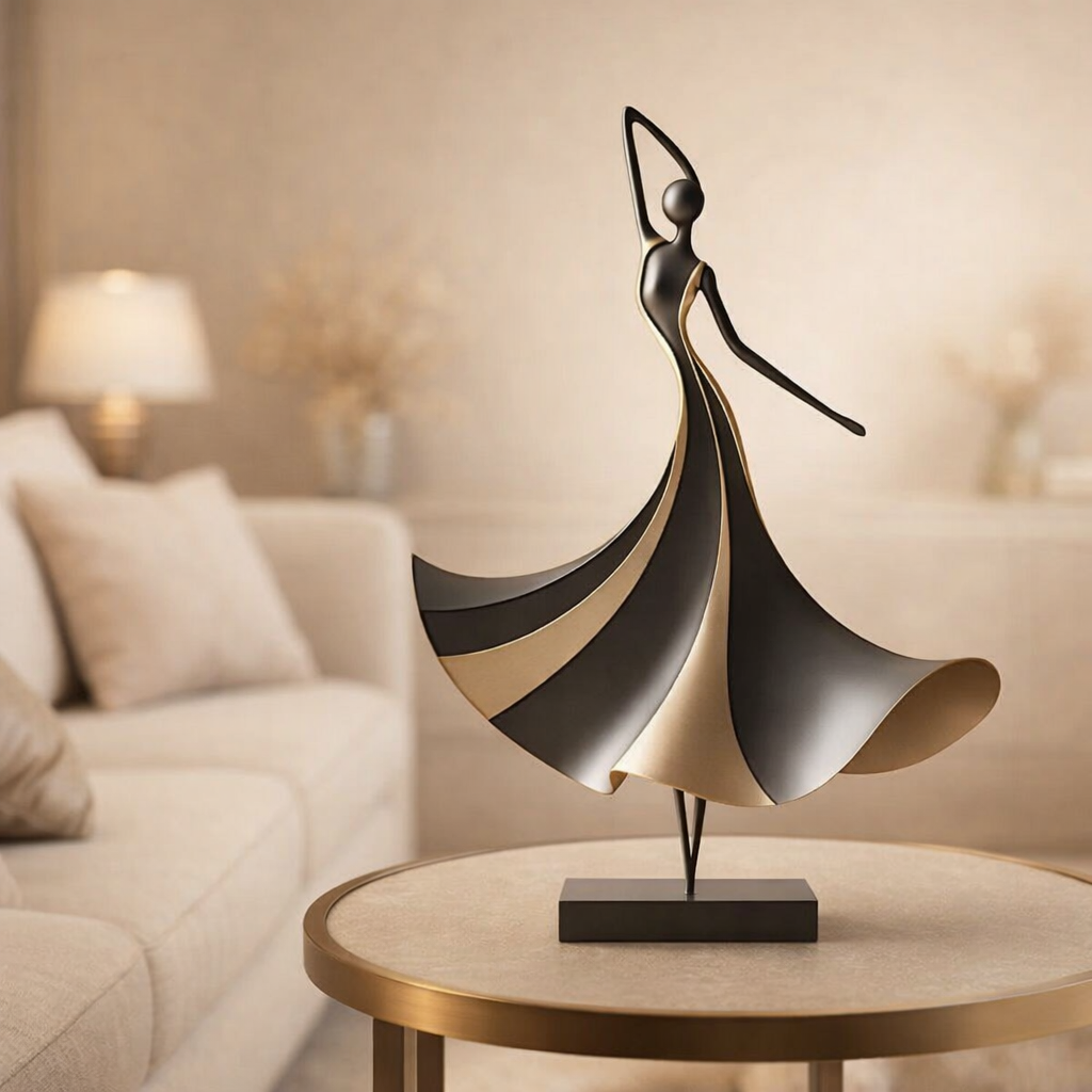 Decorative sculpture of a dancer on a table in a living room setting
