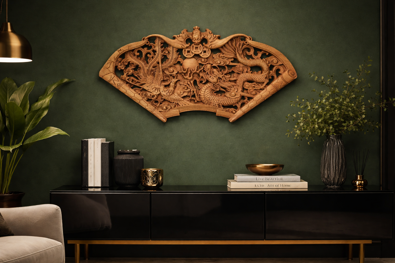Carved wooden wall art on a green wall with decorative items below.