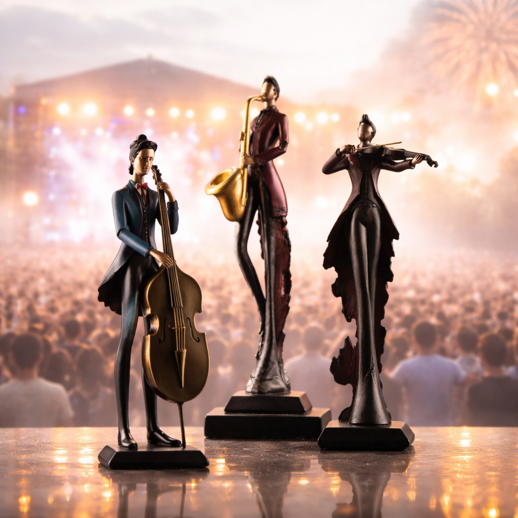 Three musical instrument figurines on a stage with a crowd and lights in the background