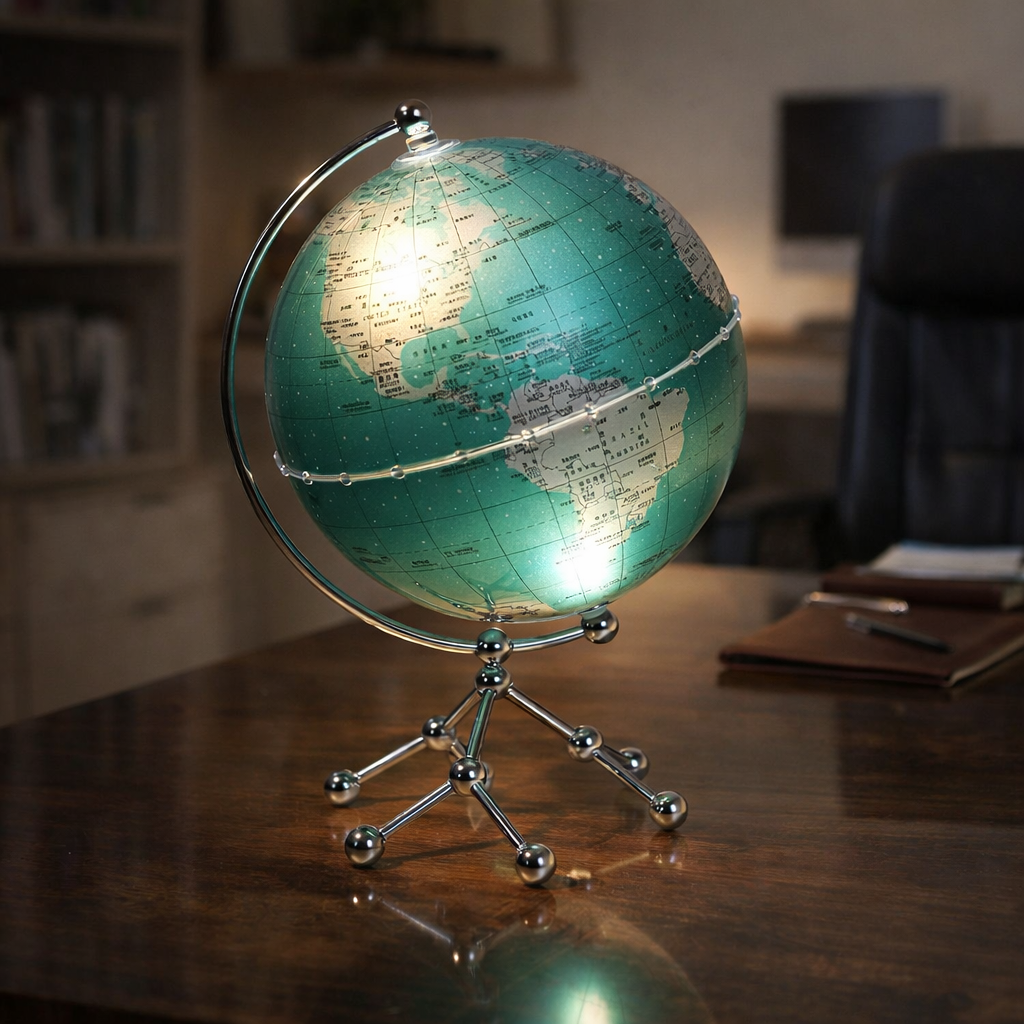 World globe on a stand in a dimly lit room with books and a chair in the background.