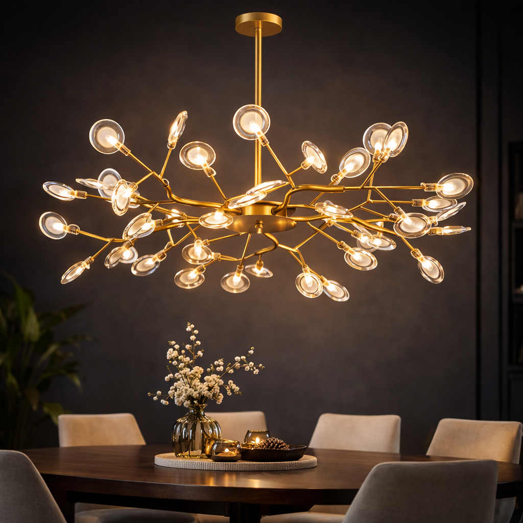 Gold chandelier hanging above a dining table with chairs in a dimly lit room.