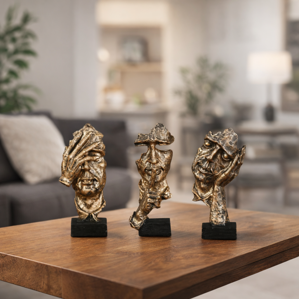 Three decorative figurines on a wooden table with a blurred living room background