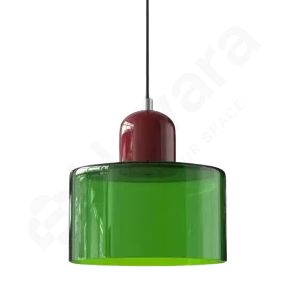 Green pendant light with red base on a white background