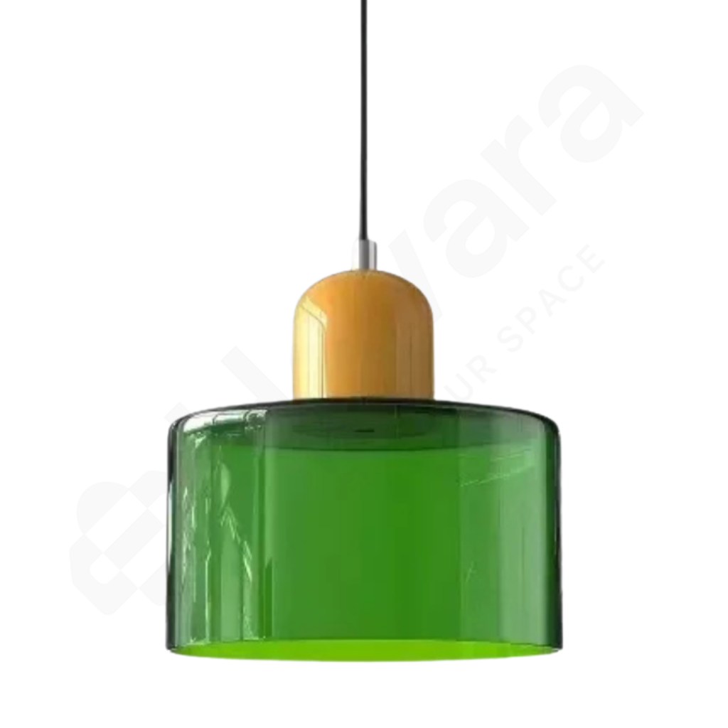 opaque green pendant lamp with a yellow base on a white background