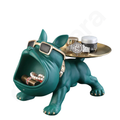 Teal bulldog-shaped jewelry stand with a tray on a white background