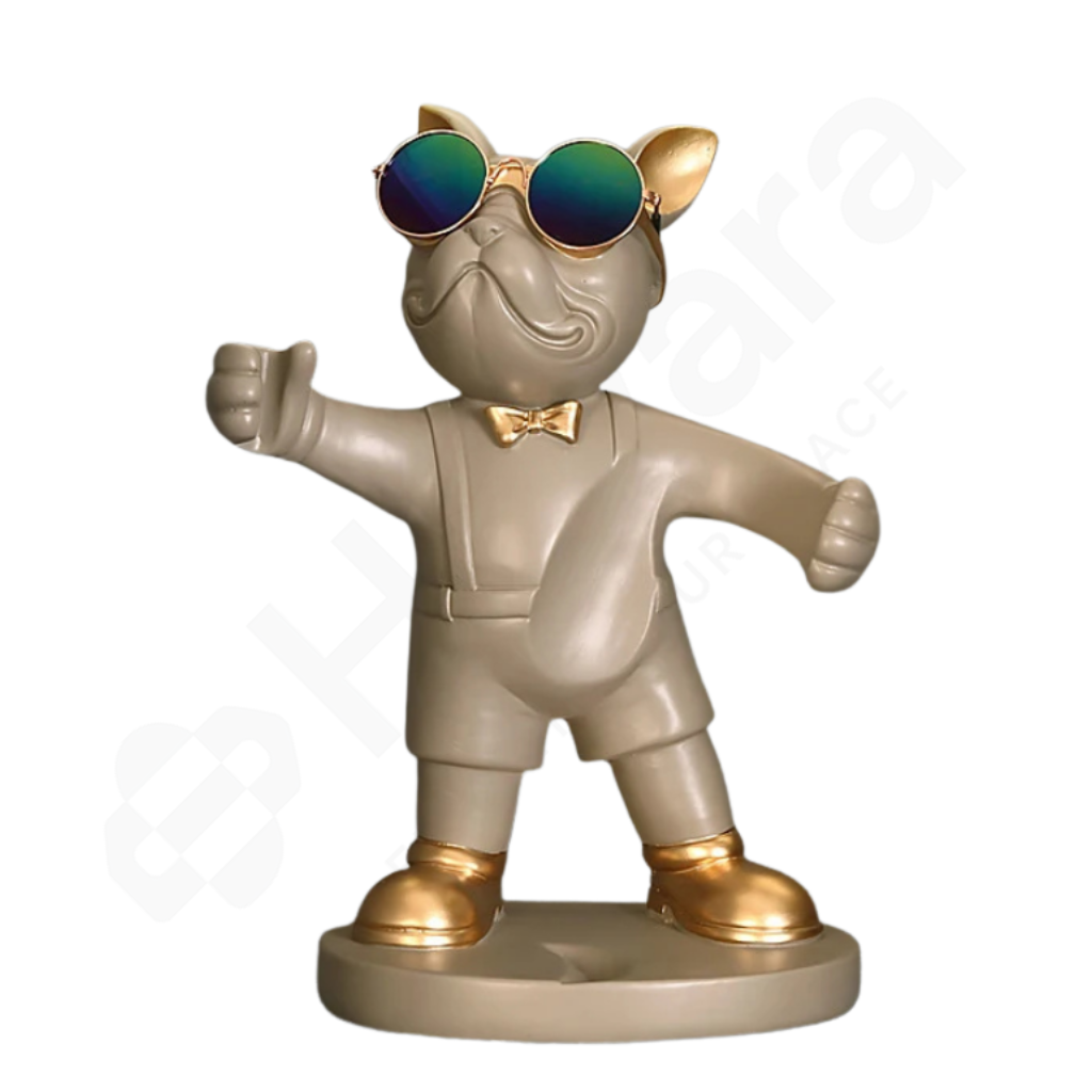 Beige figurine with sunglasses and a bow tie on a white background