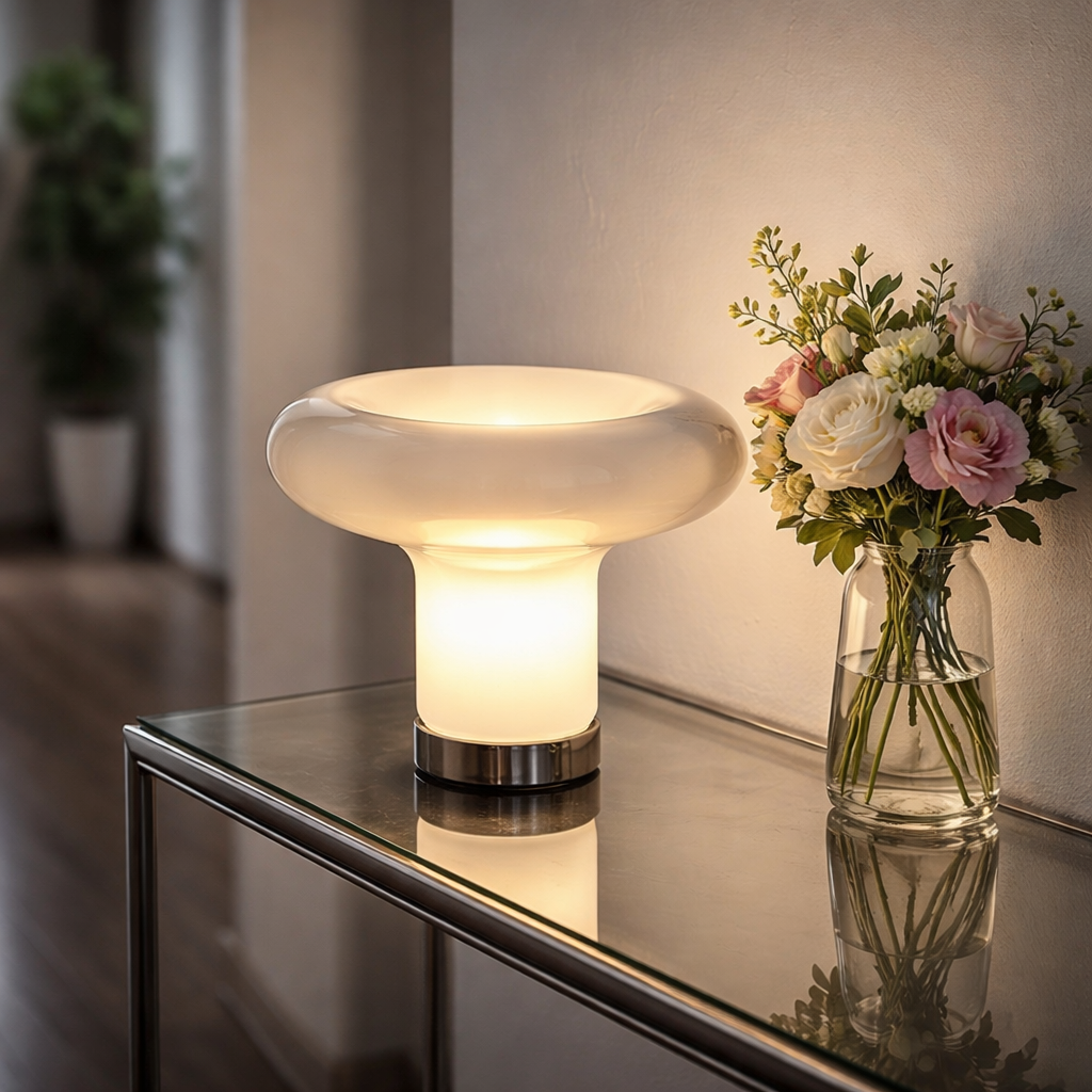 Halo light on glass table with cut flowers 