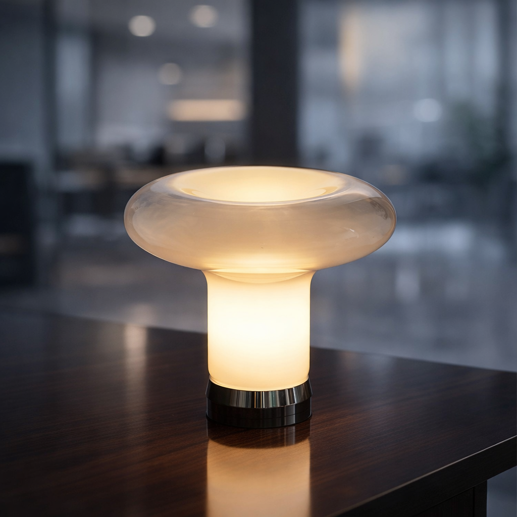 Modern table lamp on a dark surface with a blurred background