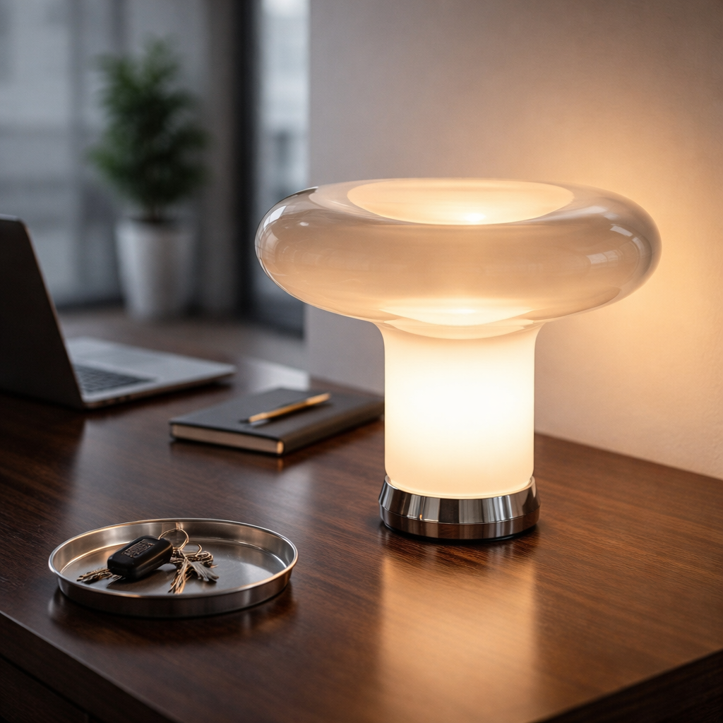 Modern table lamp on a desk with a laptop and notebook in a home office setting