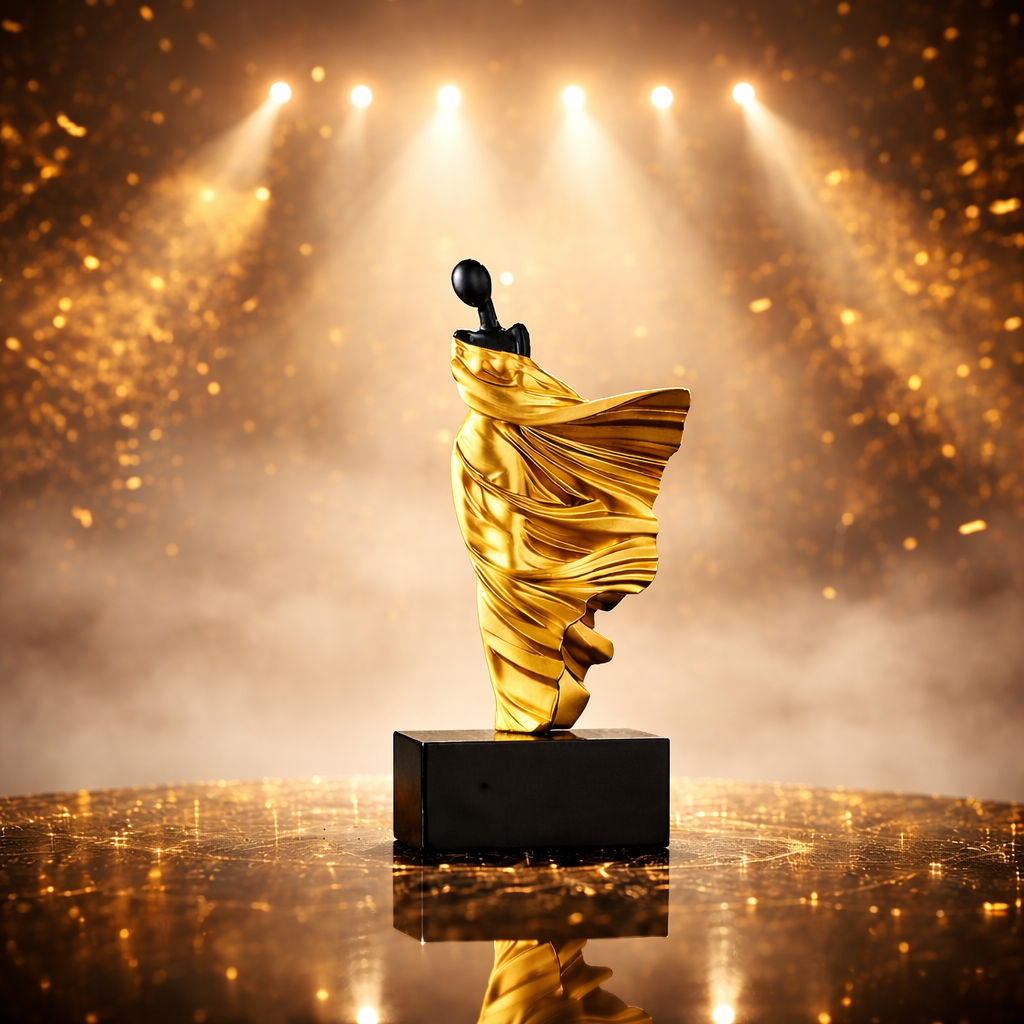 Gold statue on a reflective surface with dramatic lighting