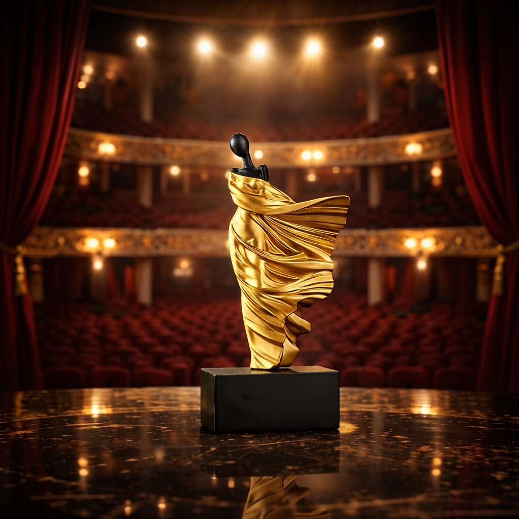 Gold statue on a stage with red curtains and lights in the background