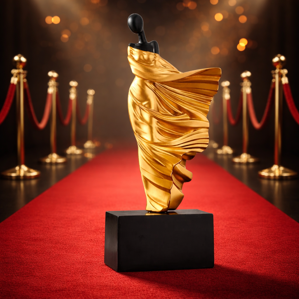 Gold statue on a red carpet with blurred stanchions in the background