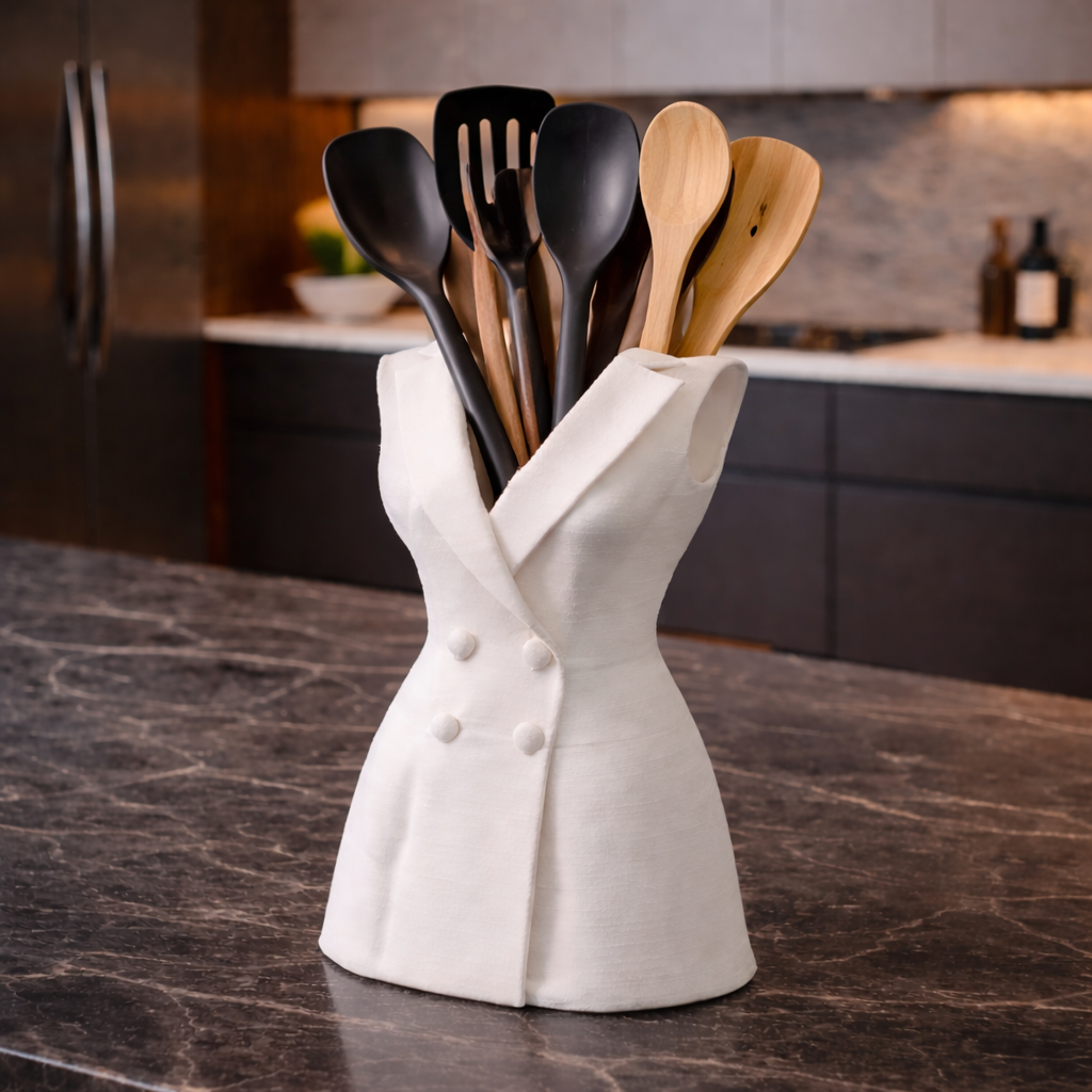 White chef's hat utensil holder with black and wooden spoons on a kitchen counter.