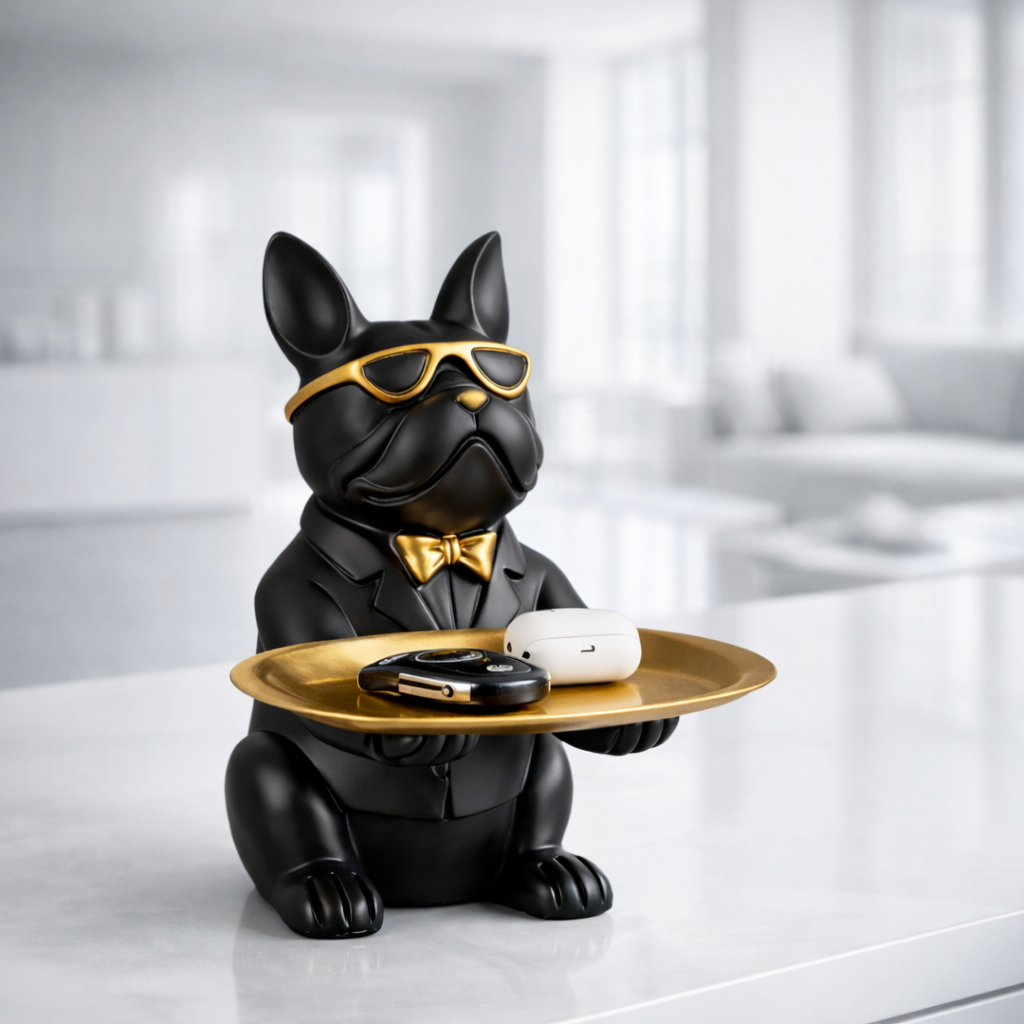 Black dog figurine in a suit with sunglasses holding a tray on a white surface.