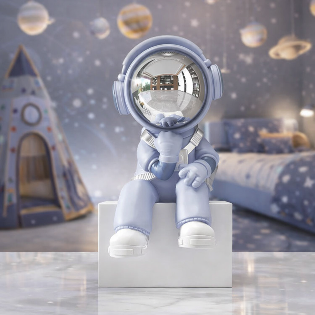Decorative astronaut figure in a child's bedroom with space-themed decor.
