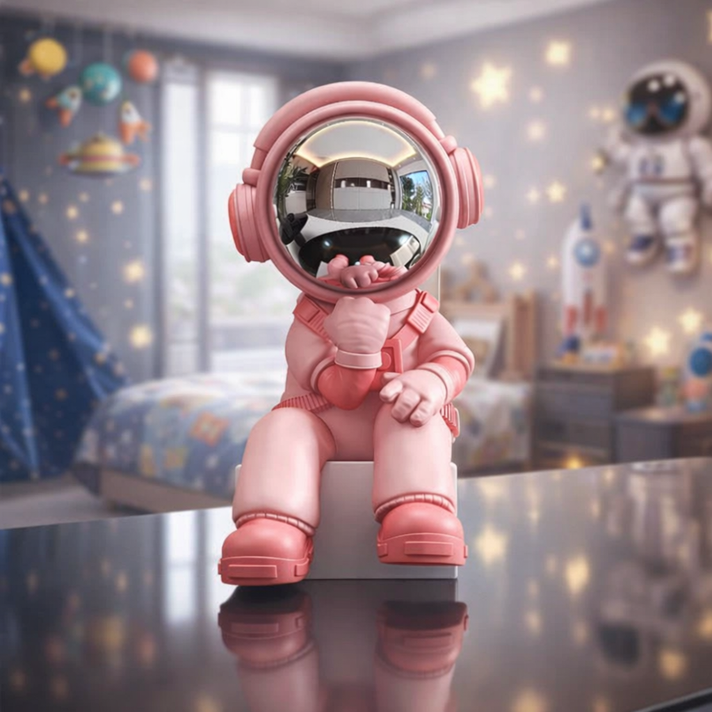 Pink astronaut toy sitting on a surface with a child's room in the background