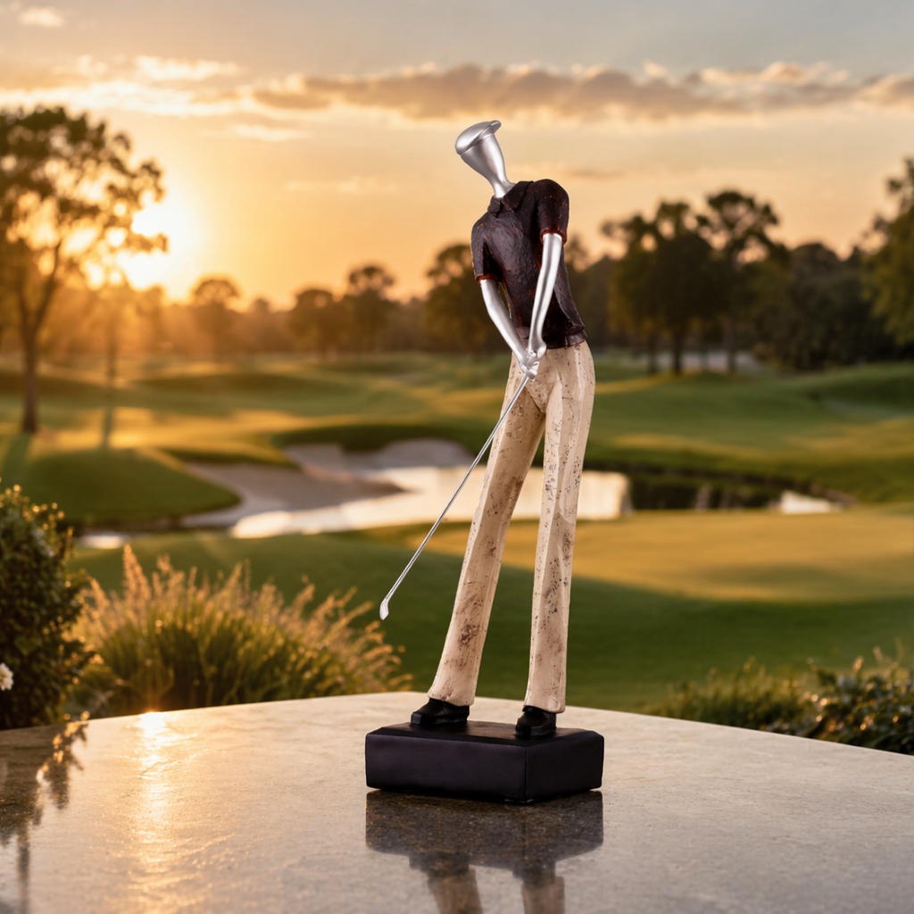 Statue of a golfer on a golf course with a sunset background