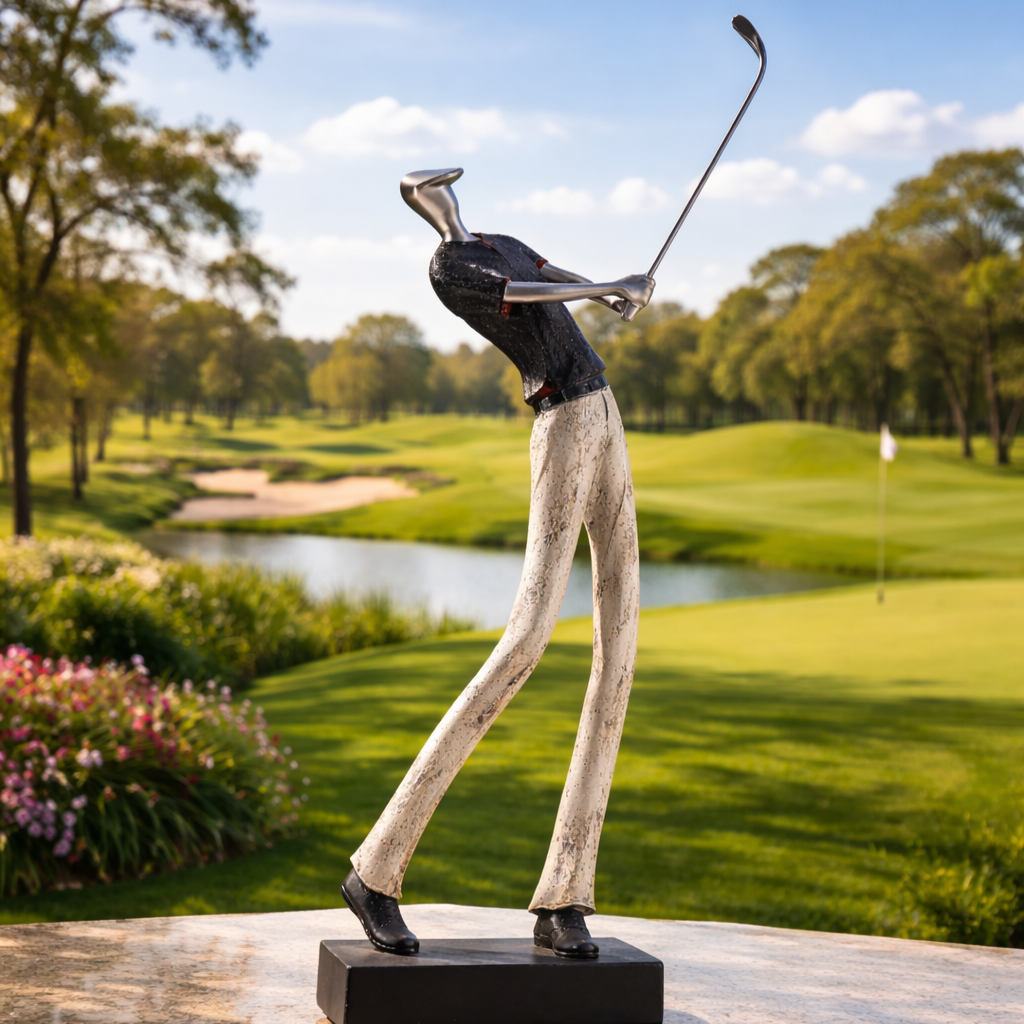 Statue of a golfer in action on a golf course with trees and water in the background