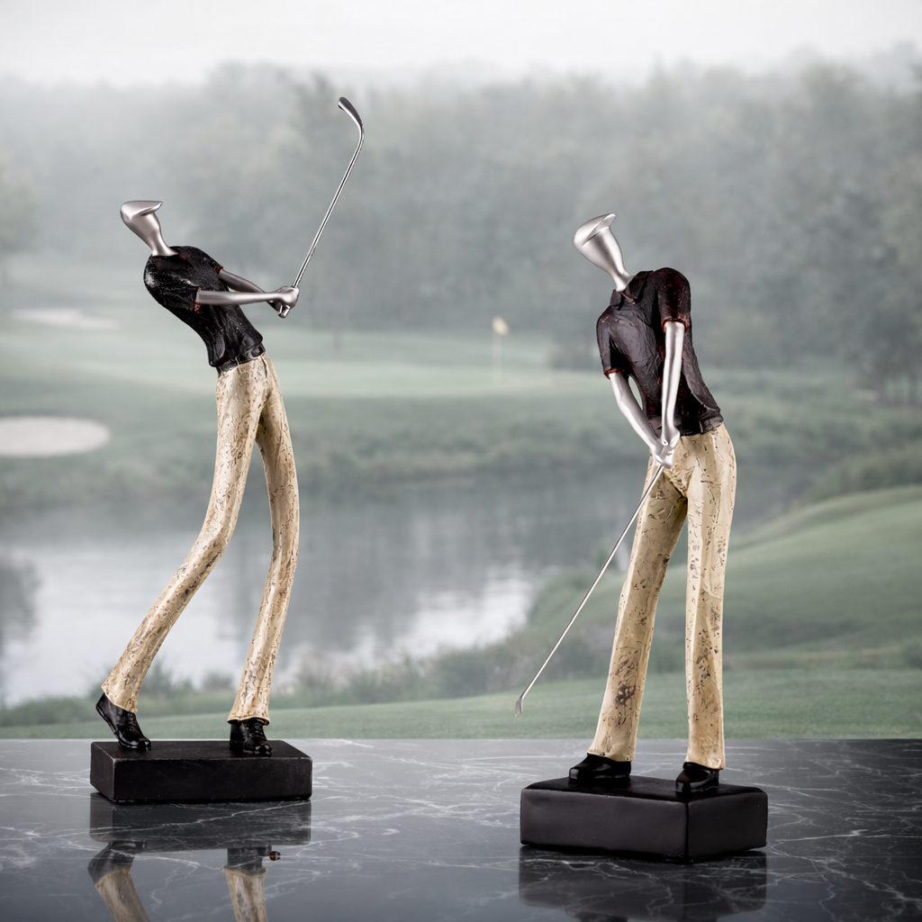Two golf-themed mannequin sculptures on a reflective surface with a golf course background.