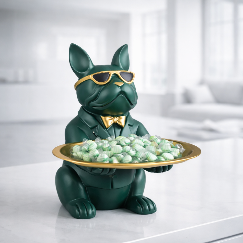 Green dog figurine holding a tray of green candies on a white surface