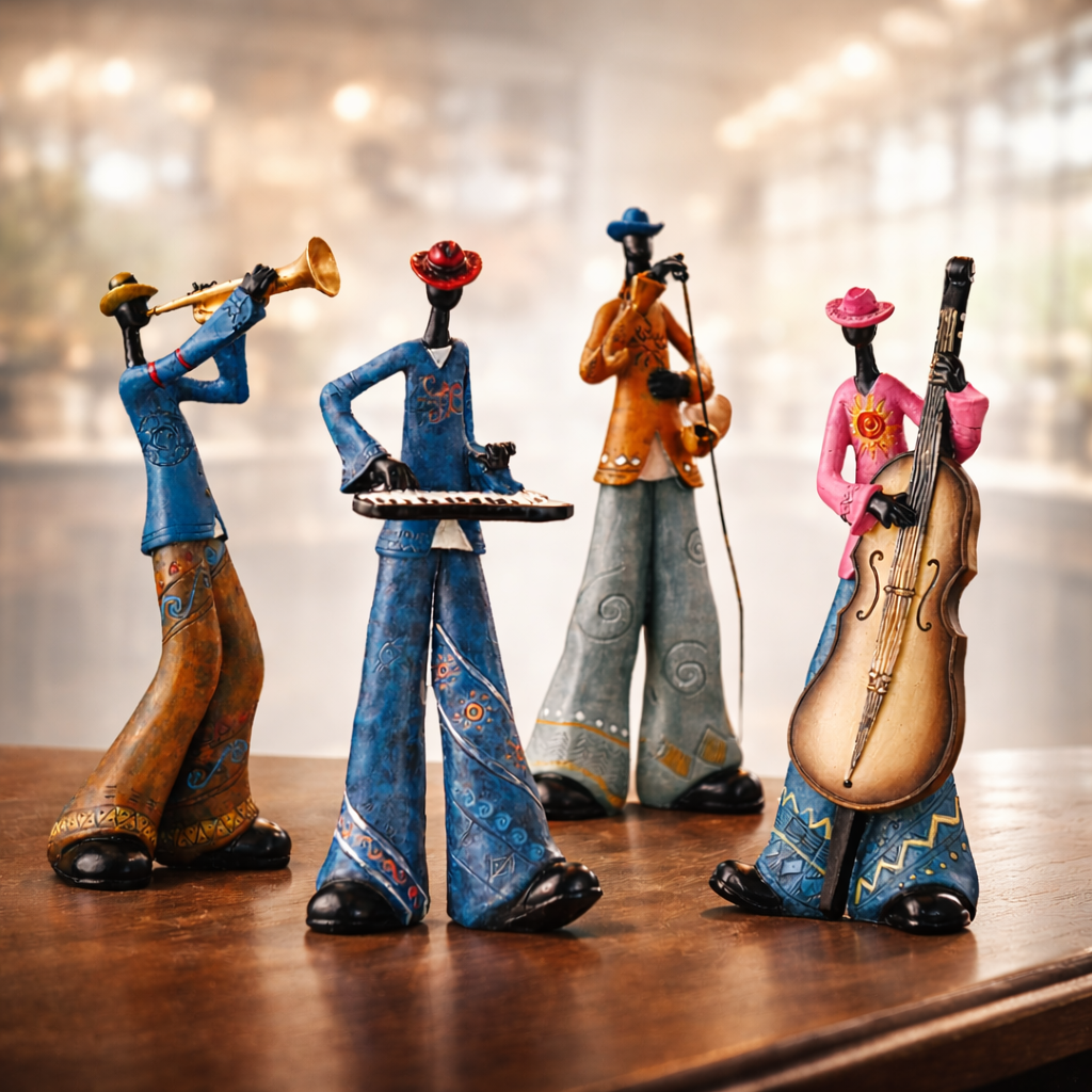 Four colorful figurines of musicians playing instruments on a wooden surface.
