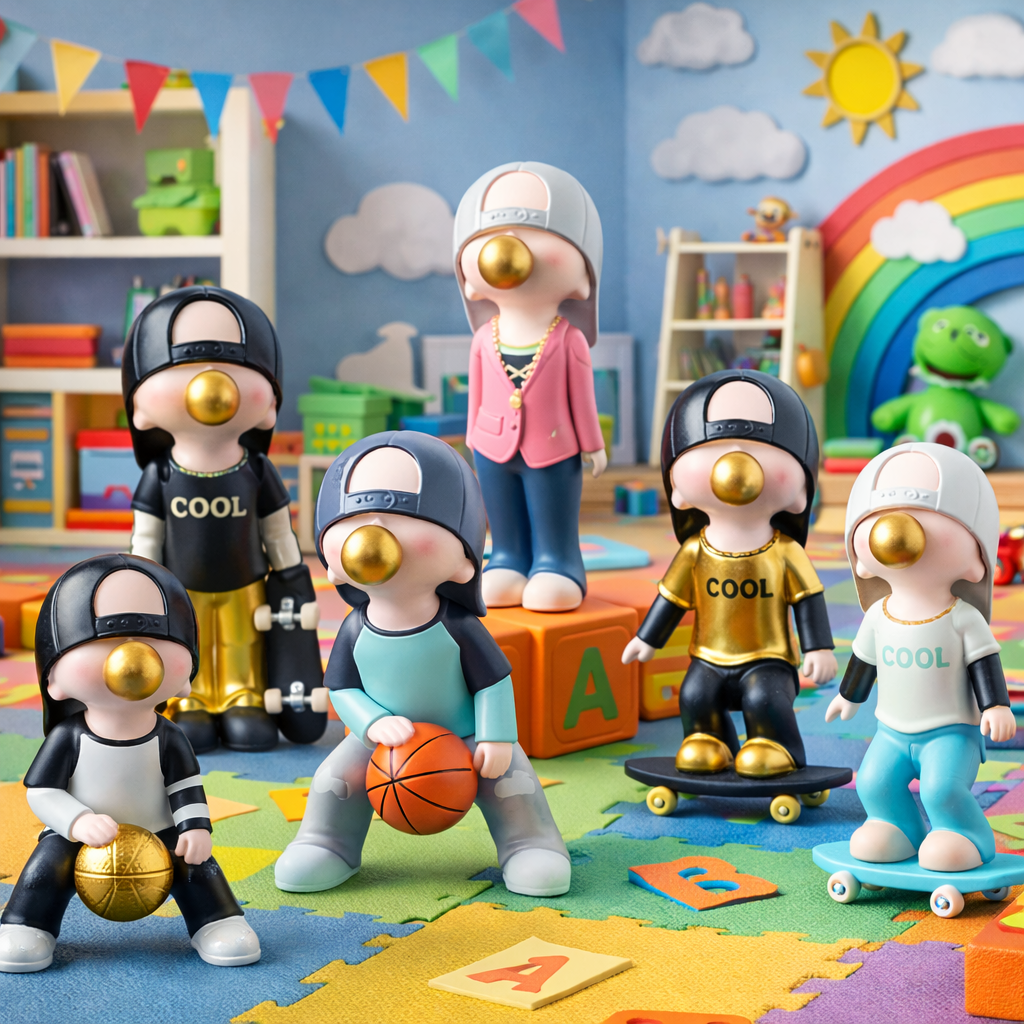 Toy figures of children in a colorful classroom setting with educational elements.