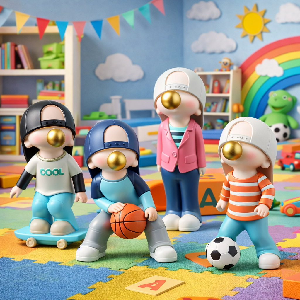 Toy figures of children playing with sports balls in a colorful classroom setting