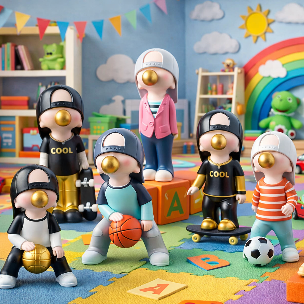 Toy figures in a colorful classroom setting with educational elements.