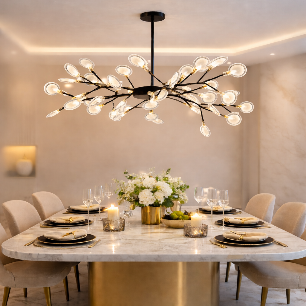 Dining room with a modern chandelier, marble table, and set place settings.