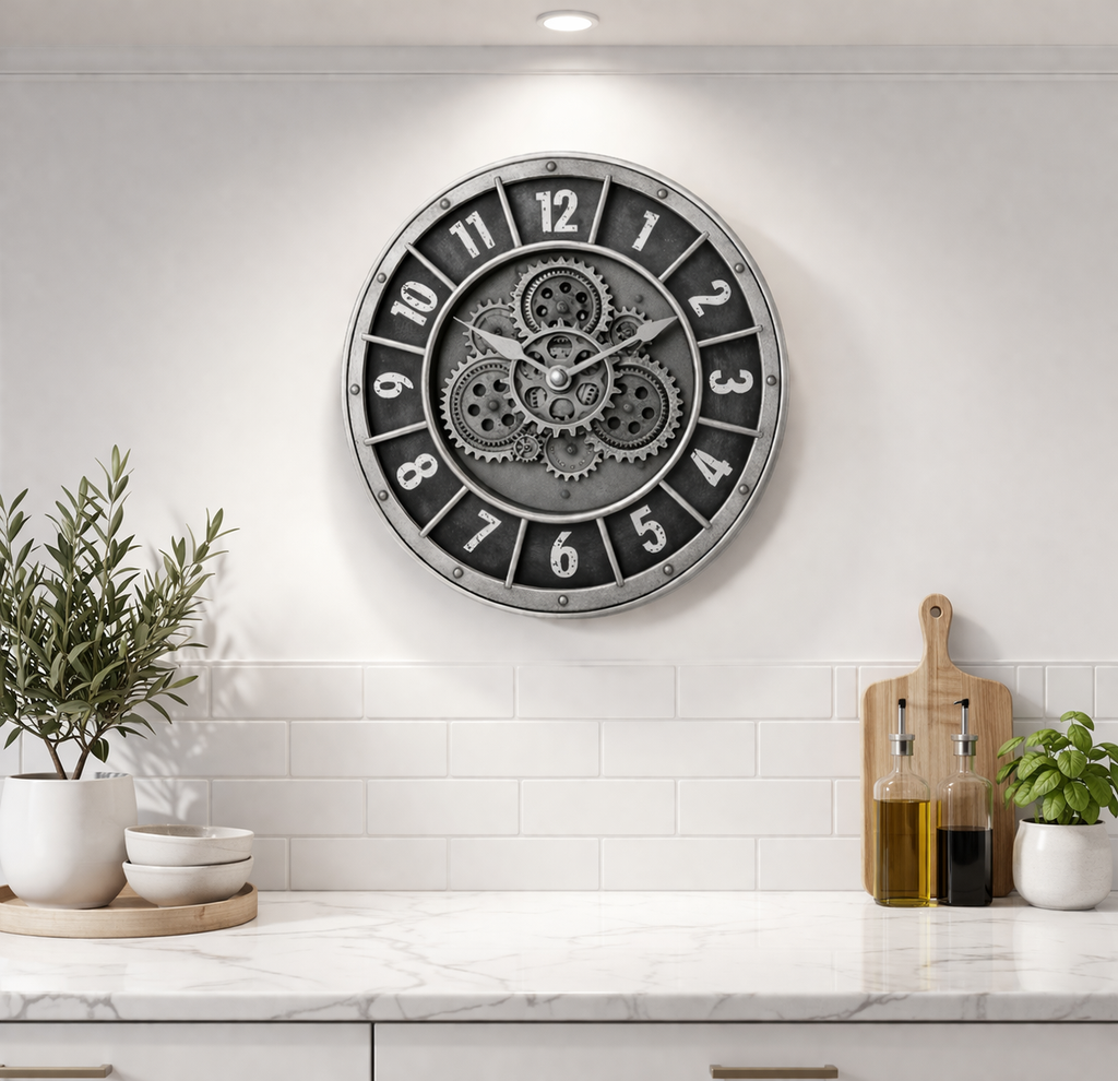 Decorative wall clock with gear design in a kitchen setting